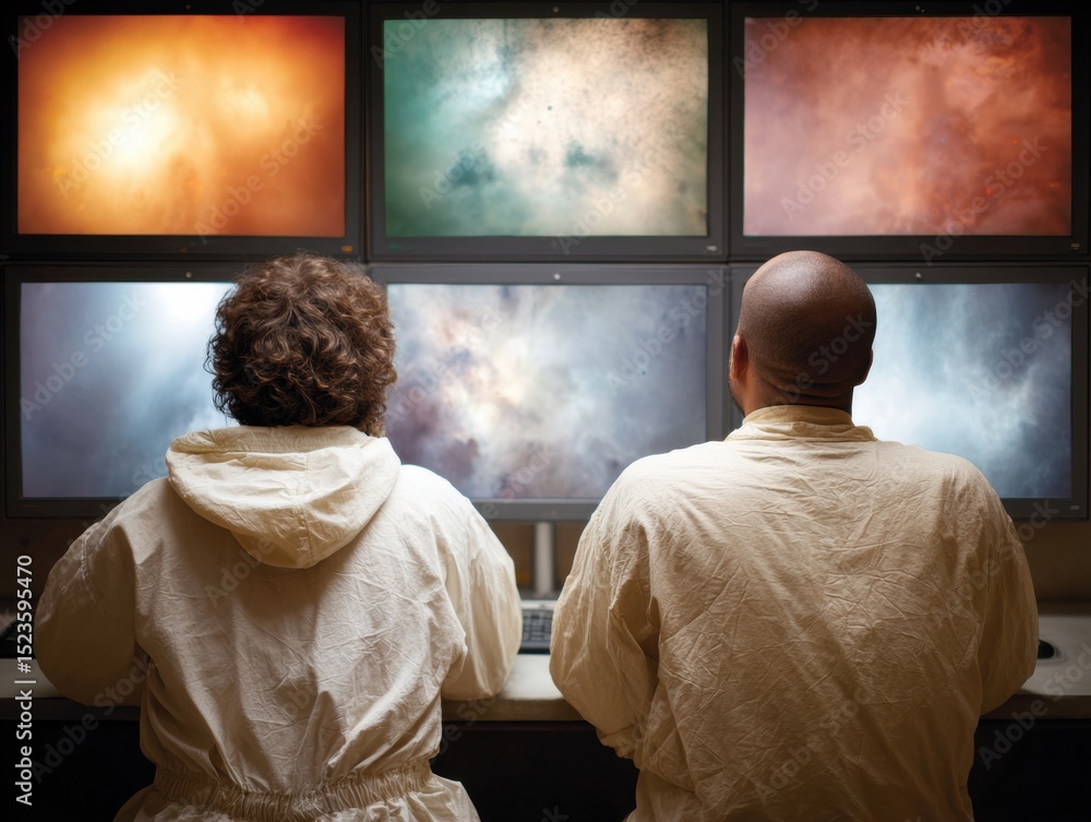 Aufkleber Homeland Security Personnel Monitoring Tactical Surveillance Data on Multi-Screen Command Center in Modern Cybersecurity Operations for National Defense