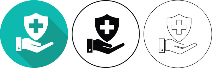 Fototapeta premium Healthcare protection icon featuring shield with cross and hand offering medical safety.