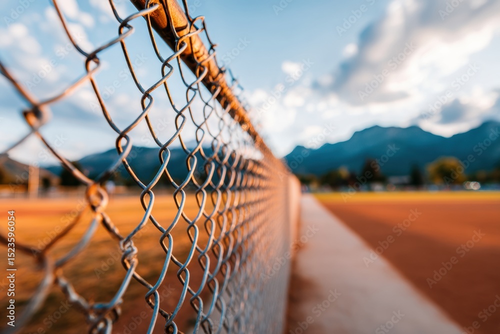Poster close-up of chain link fence with blurred baseball field background symbolizing anticipation and jou