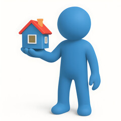 Blue 3D Figure Holding a Small House Model Representing Homeownership, Real Estate