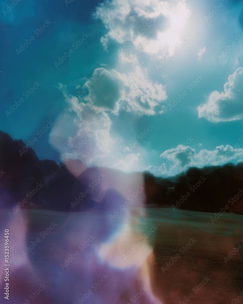 Poster expansive park landscape with trees and open grassy field under vast sky featuring scattered clouds 