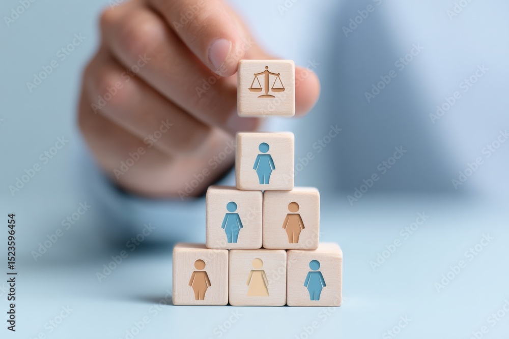Poster modern collective bargaining concept with wooden blocks and justice scale symbolizing worker rights 