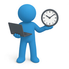 3D Blue Figure Holding Laptop and Clock Time Management Concept