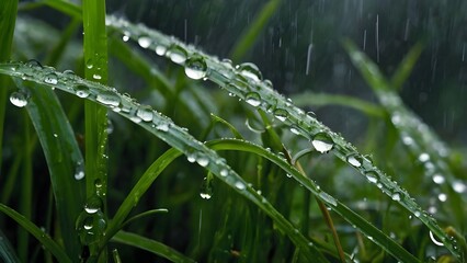 Naklejka premium Beautiful water drops after rain on green leaf in sunlight, macro many drops of dew on grass.