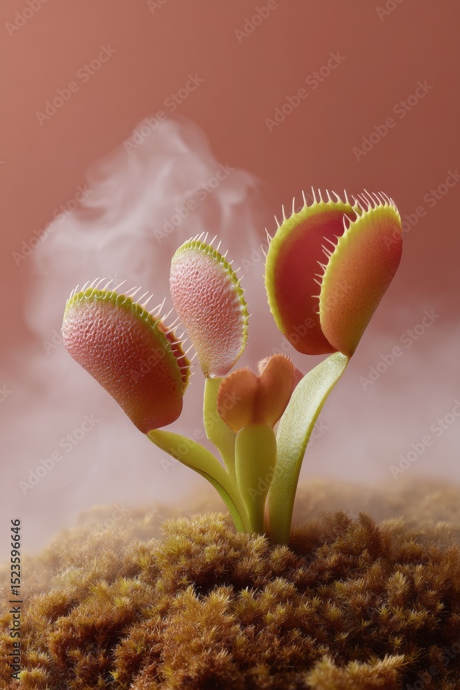 Poster Close-up of Venus Flytrap with Open Jaws and Trigger Hairs on Mossy Soil - Botanical Adaptation and Eco Design for Natural Science and Environmental Marketing