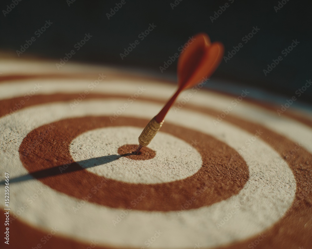 Poster precision marketing concept with dart in bullseye target on warm wooden surface with golden hour glo
