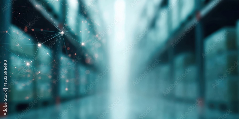 Aufkleber Modern Blockchain Ledger Visualization in Warehouse Interior Highlighting Digital Supply Chain Tracking and Transparent Inventory Management Systems