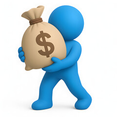 3D Blue Figure Carrying a Money Bag Financial Success and Wealth Concept