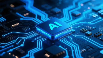 AI Chip on Circuit Board with Blue Illumination