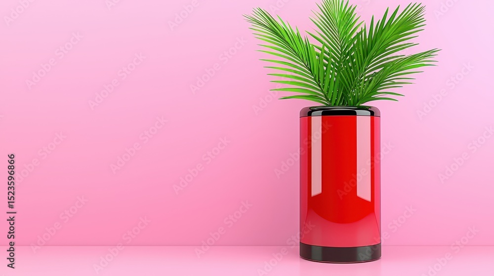 Poster a vibrant digital render of a plant with bright green leaves is potted in a glossy red and black con