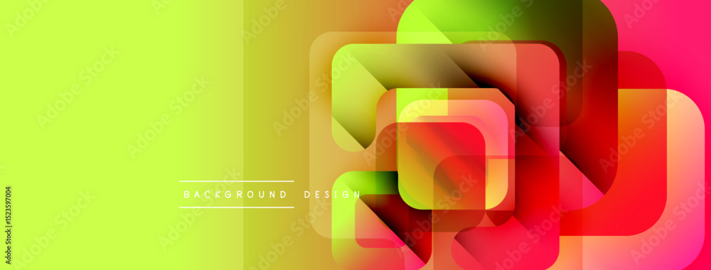 Fototapete Abstract geometric design. Vibrant gradients transition from yellow to pink. Overlapping squares create dynamic visual effect. Modern background texture.