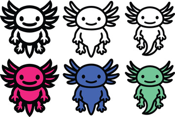 Obraz premium Set of funny cartoon axolotl logo in black lines vector style icon isolated in white background