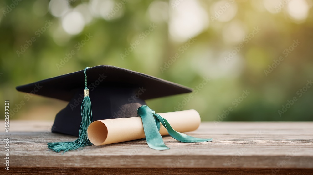 Poster graduation cap and rolled diploma on rustic wooden table with soft bokeh background for academic ach