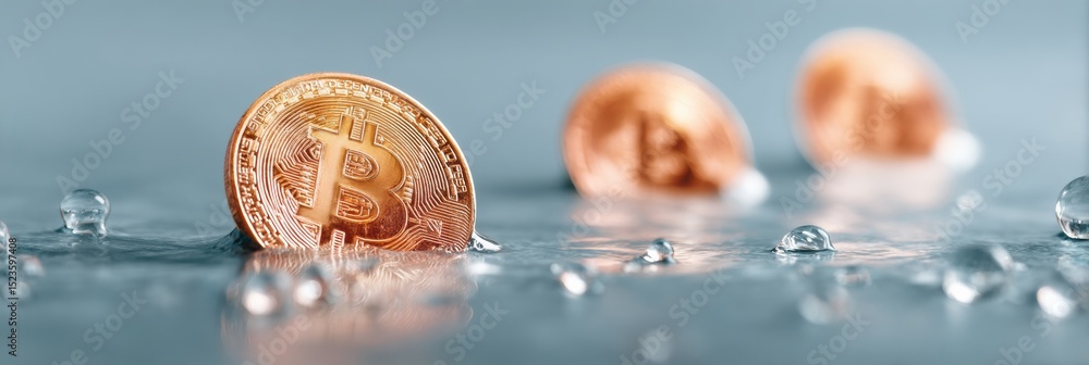 Aufkleber digital bitcoin coin on reflective surface with volatile market chart - cryptocurrency investment ri