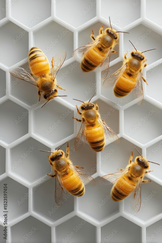 Aufkleber modern business leadership concept with queen bee and worker bees on hexagonal honeycomb highlightin