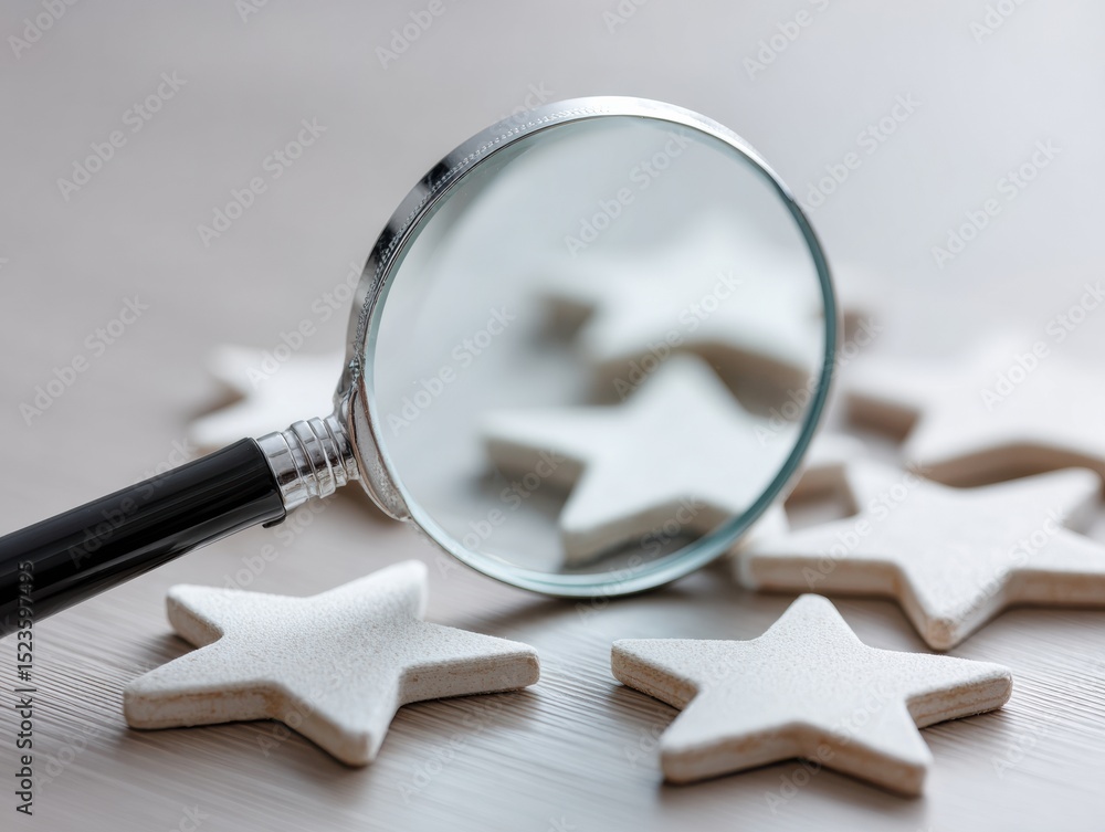 Poster magnifying glass highlighting star rating symbols and quality feedback for business performance eval