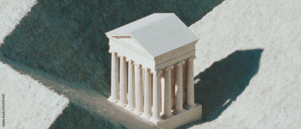 Poster classical central bank architecture with digital twin city model representing modern monetary policy