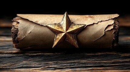 Antique Scroll with Gold Star, and Wood.