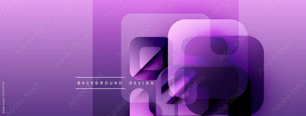 Poster Abstract purple gradient background. Overlapping squares create modern visual effect. Minimalist design with text elements present.