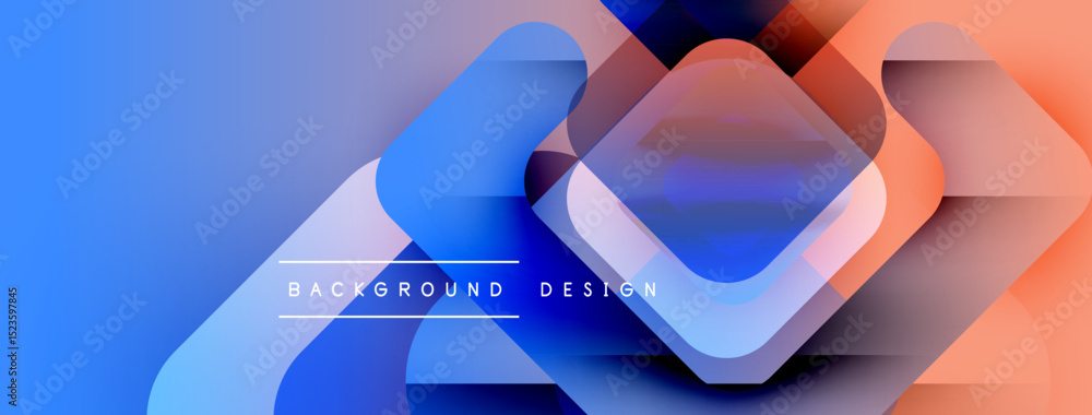 Poster Abstract geometric shapes overlap. Blue, orange gradients create modern design. Text reads background design. Minimalist aesthetic.