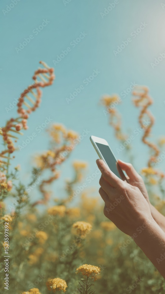 Aufkleber Mobile Biotechnology and Gene Editing Scientist Using Smartphone with Digital DNA Helix Visualization for Portable Genetic Research and Analysis