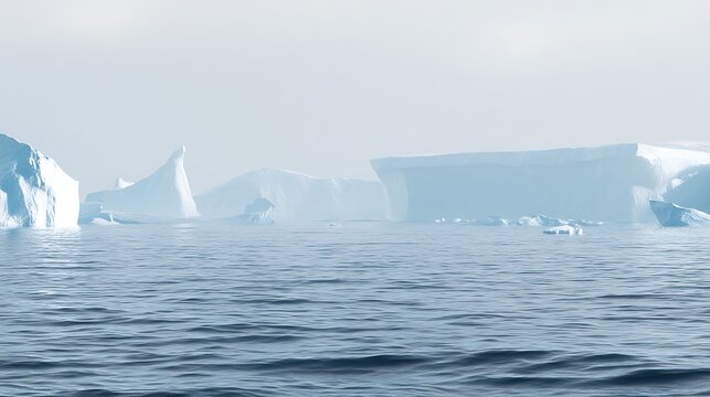 Arctic Icebergs Over Ocean With Haze