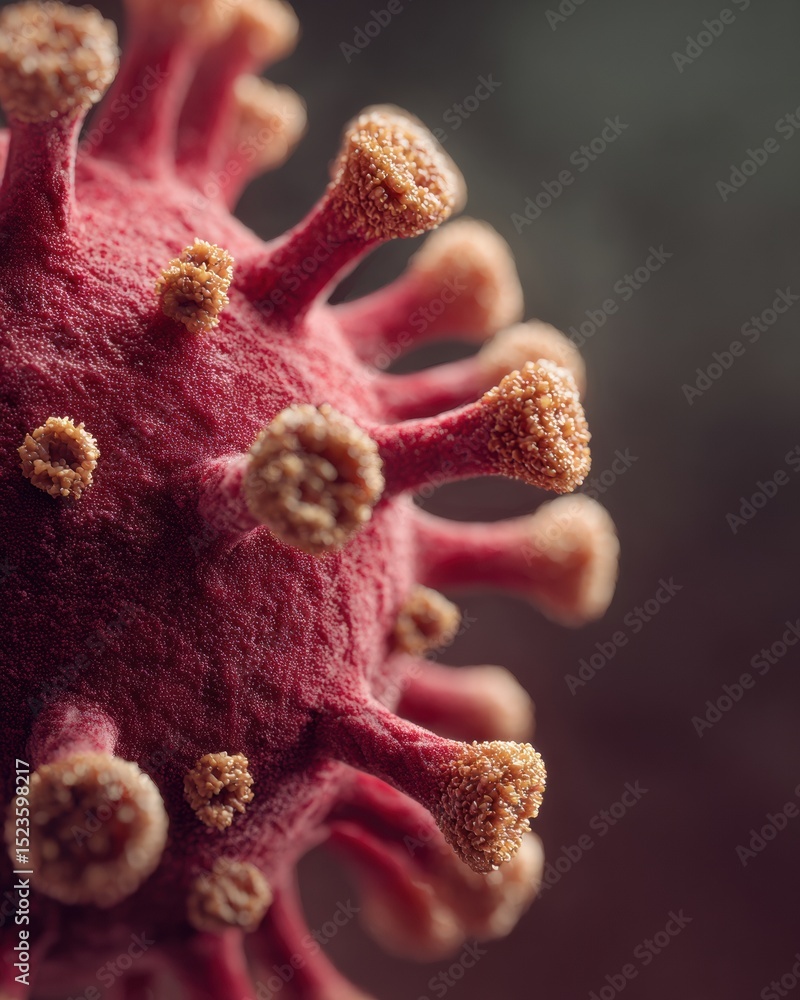 Poster close-up of covid variant virus strain with textured surface highlighting pandemic protection concep