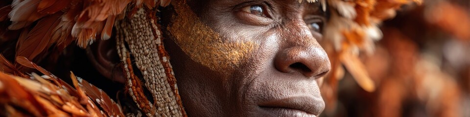 Naklejka premium Vibrant African man in elaborate feathered ceremonial attire during village celebration highlighting ancestral pride and cultural craftsmanship for social and cultural storytelling