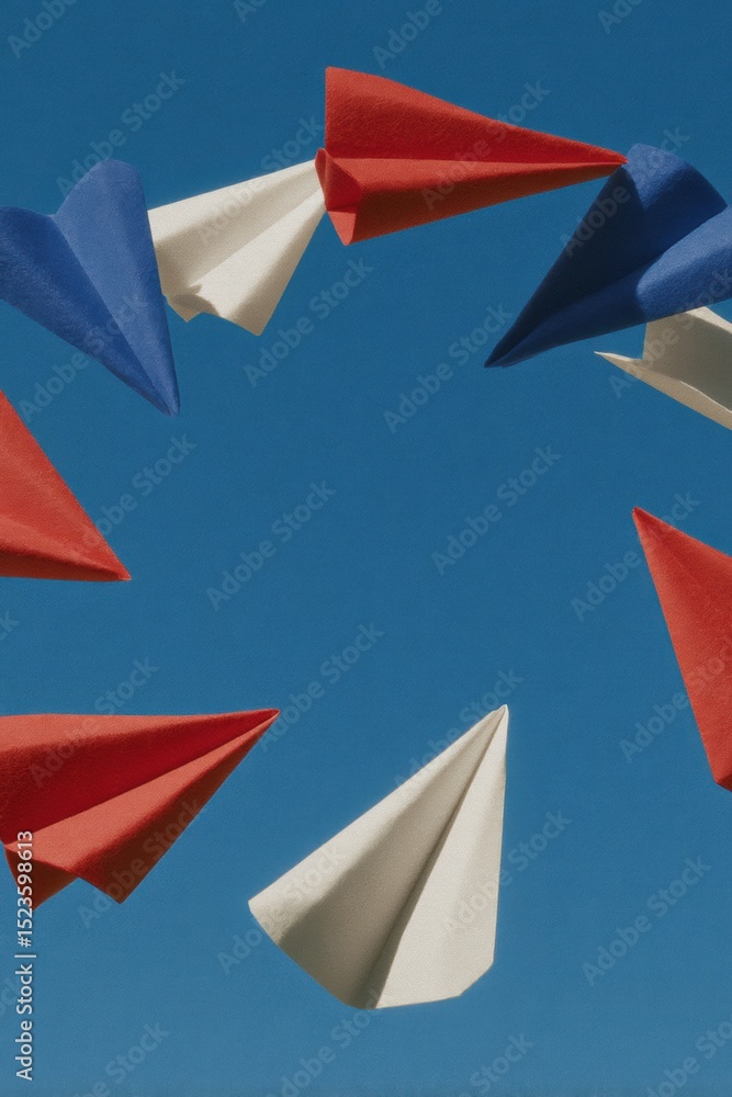 Poster innovative paper airplanes in circular formation with one breaking away symbolizing leadership and d