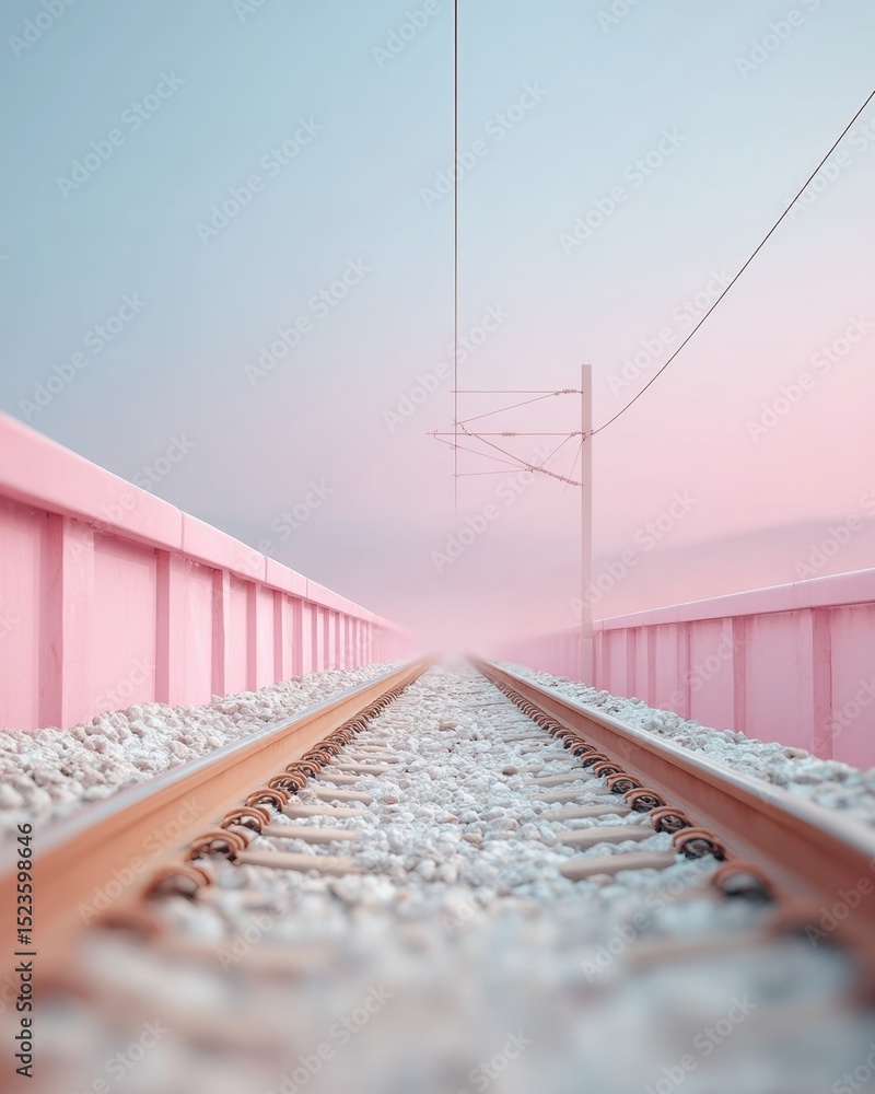 Poster Modern Pink Trackside Railway with Parallel Steel Rails and Overhead Power Lines Representing Connectivity and Sustainable Transit Infrastructure