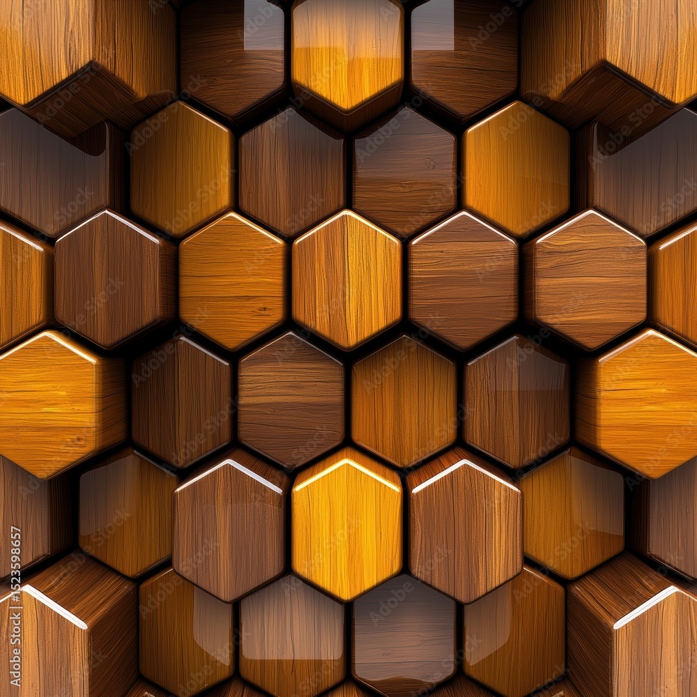 Poster abstract background of glossy hexagonal wooden tiles in shades of brown and gold. the image features