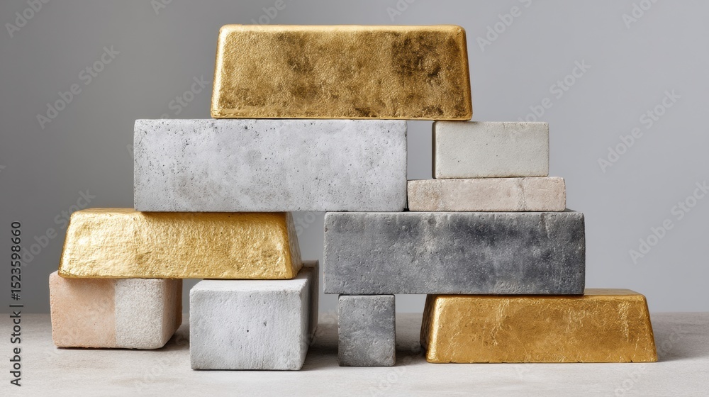 Poster Modern Wealth Concept with Gold and Silver Bars Stacked in Hierarchical Pattern Representing Tangible Assets and Secure Investment Strategies