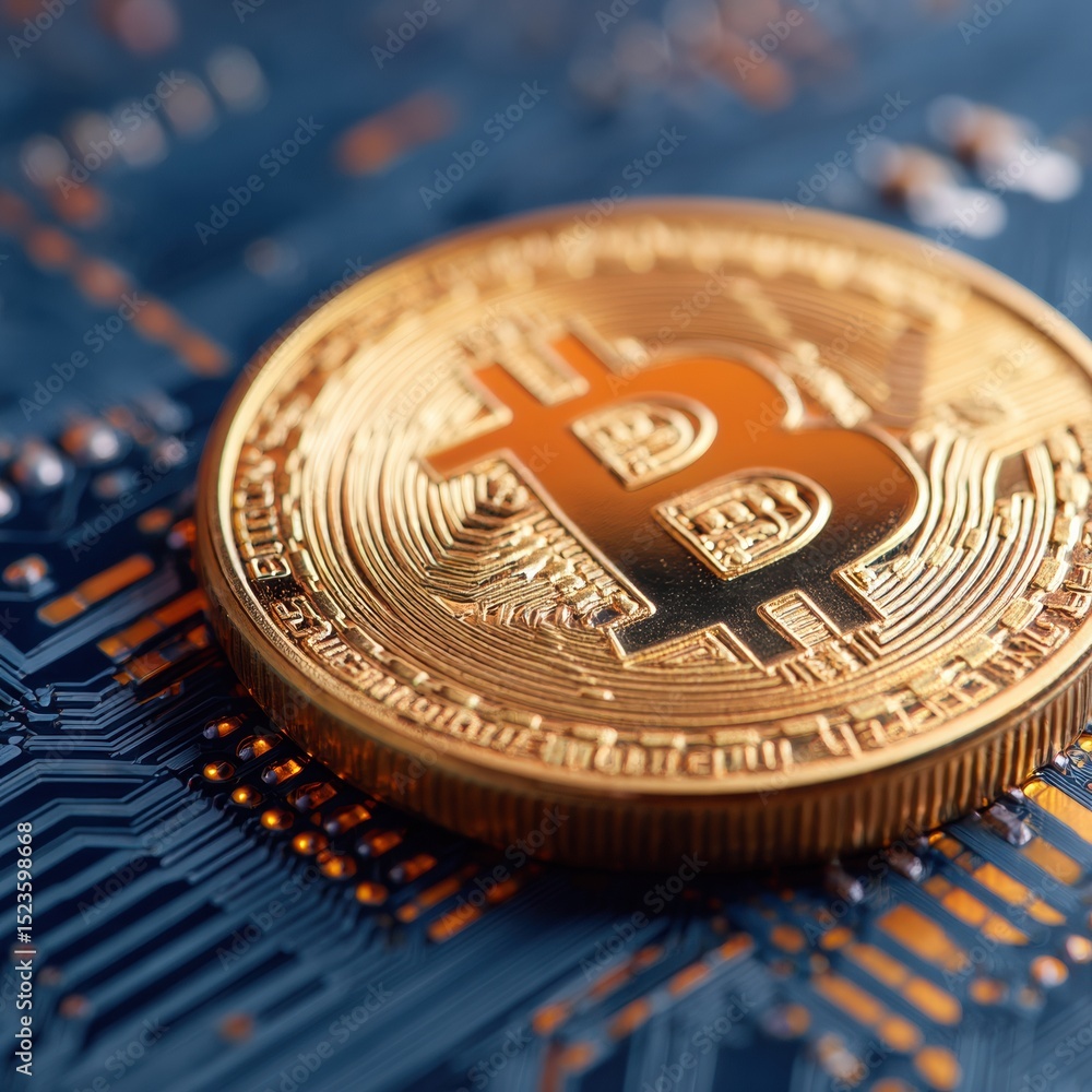 Aufkleber Detailed gold bitcoin coin on digital circuit board background symbolizing blockchain innovation, digital asset security, and next-generation finance technology