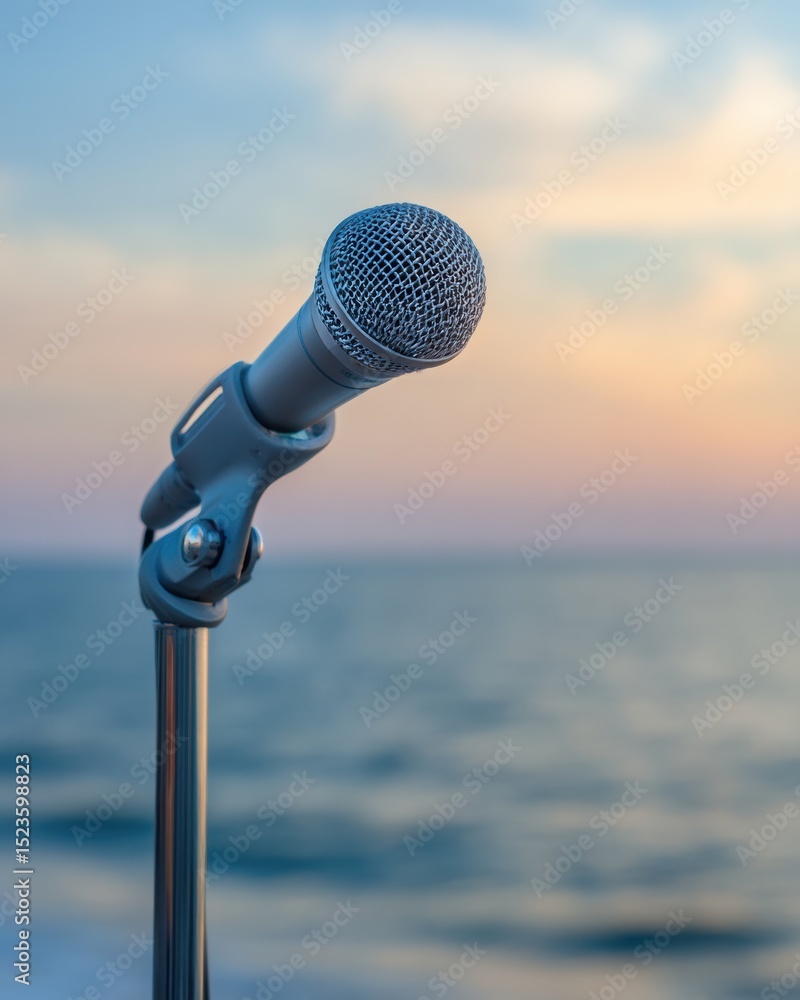Aufkleber Professional Microphone on Stand with Subtle Corporate Branding Against Event Backdrop for Modern Business and Media Presentation