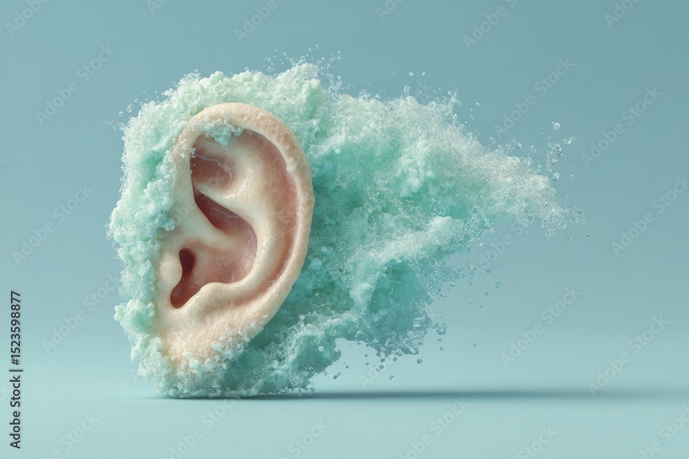 Poster modern acoustic visualization of human ear with dynamic sound wave effects on soft blue background f