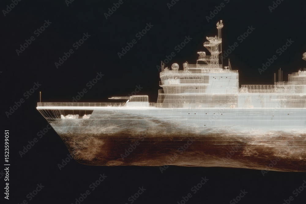 Poster Advanced shipbuilding wireframe schematic of naval vessel showcasing intricate digital design and maritime engineering for modern naval technology presentations