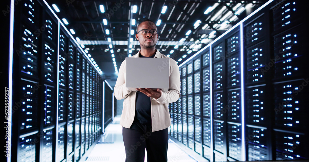Poster Smiling IT Specialist Configuring Servers In Data Center