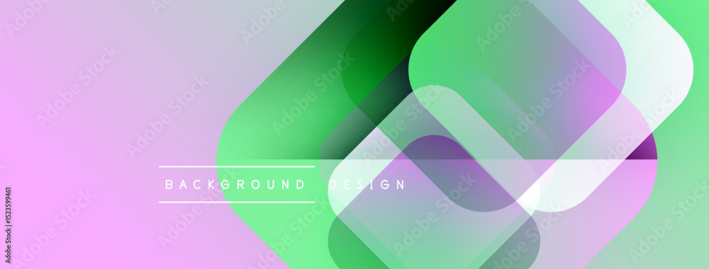 Poster abstract geometric shapes overlap, creating vibrant gradient background. soft pink, green, purple hu