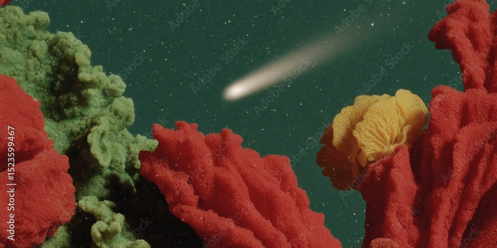 Aufkleber meteor trail and comet tsuchinshan atlas over vibrant underwater coral landscape - fusion of cosmic 
