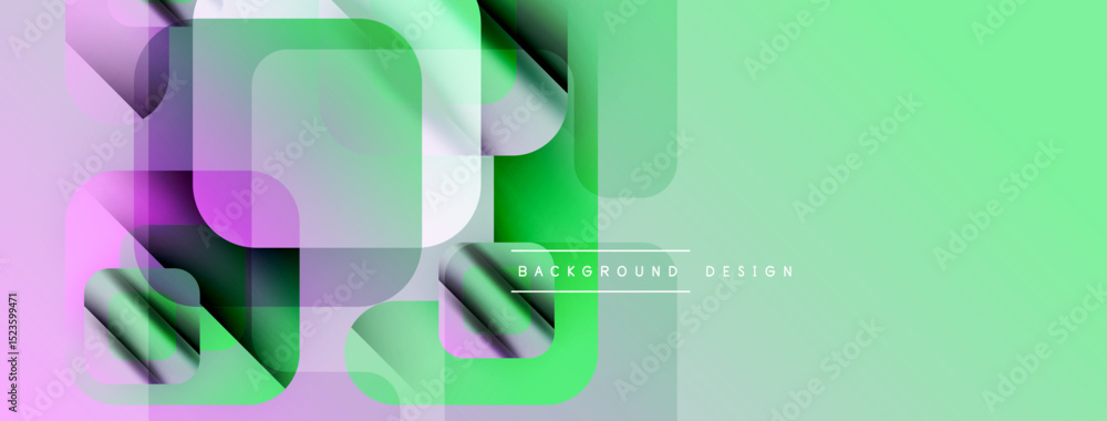 Poster abstract geometric shapes overlap, creating vibrant green, purple gradients. modern design elements 