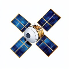 Satellite in space, digital illustration, detailed view, solar panels, white body, blue and gold accents, isolated on white background. Futuristic