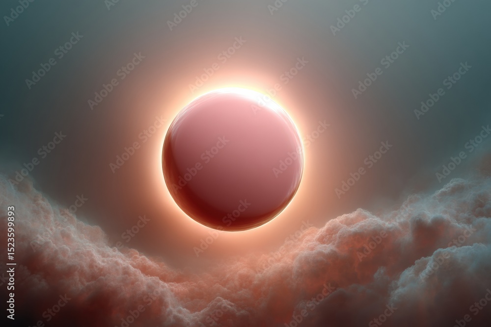 Poster dramatic solar eclipse with visible sun corona surrounded by swirling clouds for astronomy education