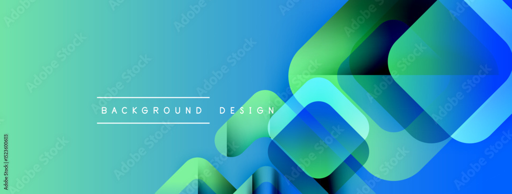 Poster Abstract gradient background features overlapping squares. Blue, green hues create modern visual effect. Text reads background design.