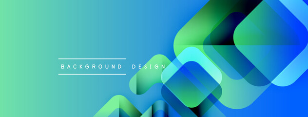 Abstract gradient background features overlapping squares. Blue, green hues create modern visual effect. Text reads background design.