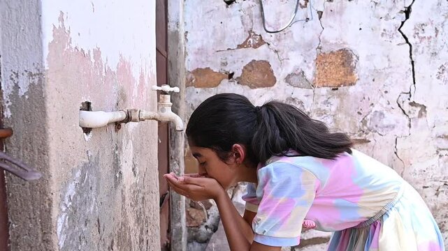 Rural Indian Girl Child Drinking Fresh Clean Water From Tap. Social Issues India.