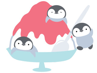大きなかき氷に乗るペンギン達　いちご味　シンプル　かわいい 動物とデザート 　ベクターイラスト