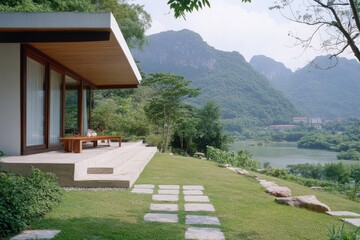 Modern house in scenic landscape architecture and nature mountain scenery
