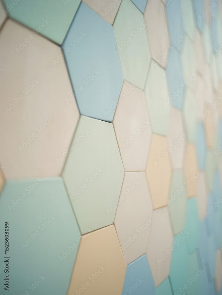 Poster abstract pastel colored hexagon tiles forming a geometric pattern on a textured surface wall design