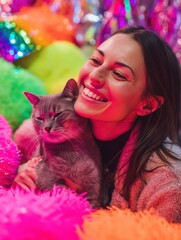 Be Kind To Animals Week Volunteer Smiling with Rescue Cat in Vibrant Spring Charity Event Celebrating Earth Day and Seasonal Giving Campaigns