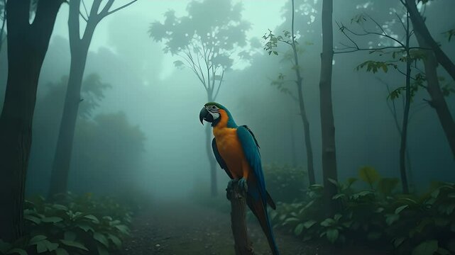 Blue yellow parrot misty forest bird wildlife nature